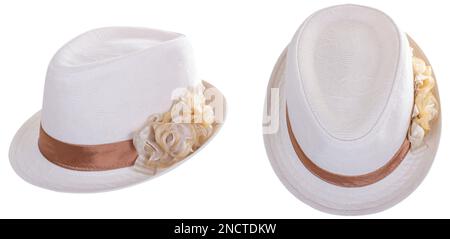 Cappello beige fedora isolato su sfondo bianco. Due proiezioni: Vista dall'alto e vista laterale Foto Stock