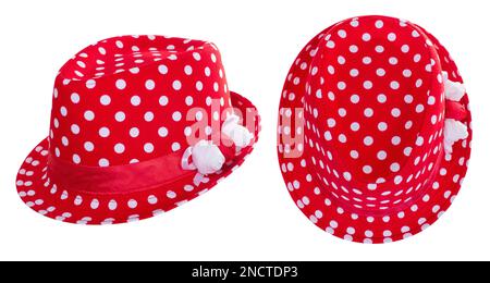 Rosso e bianco polka punteggiato Sun Hat fedora isolato su sfondo bianco. Due proiezioni: Vista dall'alto e vista laterale Foto Stock