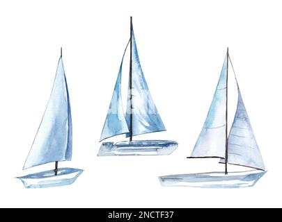 Barca a vela sulla superficie dell'acqua. Set di illustrazioni acquerello. Yacht Foto Stock