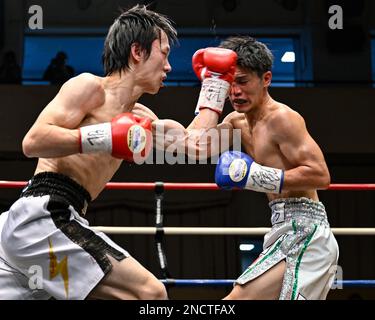 Tokyo, Giappone. 14th Feb, 2023. Kenta Nakagawa (guanti rossi) e Akio Furutani (guanti blu) si sfidano durante il loro incontro vacante di boxe Super Flyweight del WBO Asia Pacific presso Korakuen Hall a Tokyo, Giappone, il 14 febbraio 2023. Credit: Hiroaki Finito Yamaguchi/AFLO/Alamy Live News Foto Stock