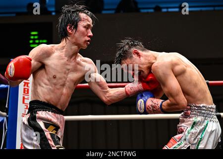 Tokyo, Giappone. 14th Feb, 2023. Kenta Nakagawa (guanti rossi) e Akio Furutani (guanti blu) si sfidano durante il loro incontro vacante di boxe Super Flyweight del WBO Asia Pacific presso Korakuen Hall a Tokyo, Giappone, il 14 febbraio 2023. Credit: Hiroaki Finito Yamaguchi/AFLO/Alamy Live News Foto Stock