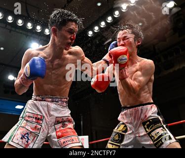 Tokyo, Giappone. 14th Feb, 2023. Kenta Nakagawa (guanti rossi) e Akio Furutani (guanti blu) si sfidano durante il loro incontro vacante di boxe Super Flyweight del WBO Asia Pacific presso Korakuen Hall a Tokyo, Giappone, il 14 febbraio 2023. Credit: Hiroaki Finito Yamaguchi/AFLO/Alamy Live News Foto Stock