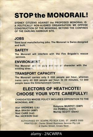 La Monorotaia di Sydney era un piccolo sistema di trasporto pubblico che era in funzione dal 1988 al 2013 su una singola pista ad anello sopraelevata di 3,6km km. I cittadini di Sydney contro la proposta di monorotaia (SCAPM) sono stati formati nel dicembre 1985 e con una combinazione di australiani di alto profilo, hanno protestato e lobbiato contro la costruzione della rotaia. Si tratta di un opuscolo o di un volantino stampato per SCAPM e rivolto agli elettori dell'elettorato di Heathcoat Foto Stock