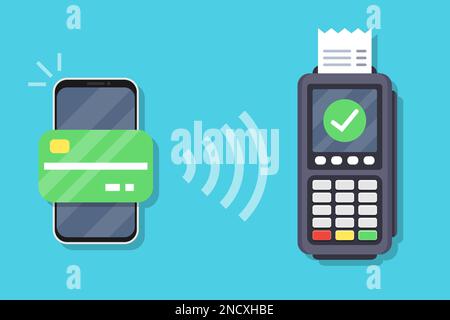 Operazione di pagamento riuscita. Il terminale POS conferma il pagamento tramite smartphone. Smartphone con pagamento mobile Illustrazione Vettoriale
