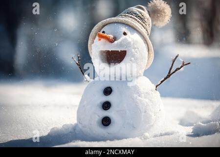 Allegro pupazzo di neve all'aperto in inverno sorridente, sfondo di vacanza. Foto Stock