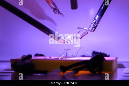 Dresda, Germania. 15th Feb, 2023. Gli strumenti del sistema chirurgico DaVinci di ultima generazione sono esposti nel corso di una dimostrazione in occasione di un evento stampa presso l'Ospedale Municipale di Dresda presso il sito di Friedrichstadt. Il robot all'avanguardia supporta ora i chirurghi nelle procedure ginecologiche, urologiche e chirurgiche generali. Credit: Robert Michael/dpa/Alamy Live News Foto Stock