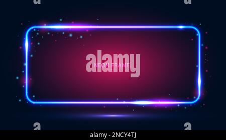 Cornice rettangolare al neon con luci e luci su sfondo scuro. Illustrazione Vettoriale