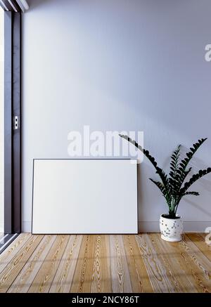 Cornice mockup su un pavimento in legno con vaso di pianta, 3D rendering scena interna. Foto Stock