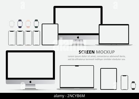 Schermo mockup. IMac, MacBook, iPad, iPhone e Apple Watch con schermo vuoto per il design Illustrazione Vettoriale