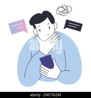 Una persona preoccupata che legge cattive notizie o post sui social media sul suo smartphone con espressione del volto sconcertata, toccando il mento, illustrazione vettoriale Illustrazione Vettoriale