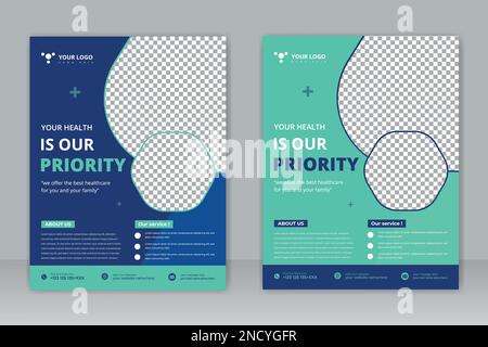 Design di modelli A4 per la copertura sanitaria e icone piatte per la progettazione di report e brochure mediche, volantini, decorazione di opuscoli per la stampa e la presentazione Illustrazione Vettoriale