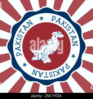 Distintivo Pakistan. Logo rotondo di paese con mappa a maglia triangolare e raggi radiali. Vettore EPS10. Illustrazione Vettoriale
