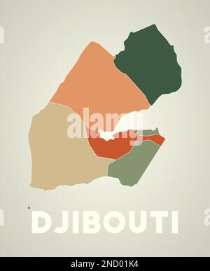 Poster di Gibuti in stile retrò. Mappa del paese con regioni nella tavolozza dei colori autunnali. Forma di Gibuti con nome del paese. Illustrazione Vettoriale