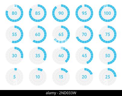 Cerchi dei diagrammi di avanzamento infografica in percentuale. Grafici a torta percentuale blu. Illustrazione vettoriale Illustrazione Vettoriale