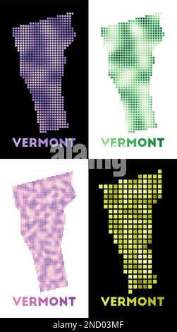 Mappa del Vermont. Collezione di mappa del Vermont in stile punteggiato. Bordi dello stato US riempiti di rettangoli per il progetto. Illustrazione vettoriale. Illustrazione Vettoriale