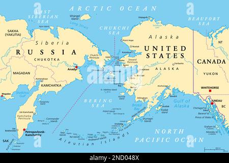 Confine marittimo tra Russia e Stati Uniti, mappa politica. Penisola di Chukchi e Penisola di Seward dell'Alaska, separate dallo stretto di Bering. Foto Stock