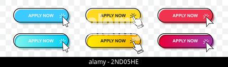 Apply Now Buttons (Applica ora) con puntatore del cursore in due stili. Design piatto e sfumatura con ombra. Set di pulsanti Web digitali su un backg trasparente Illustrazione Vettoriale