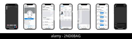 Set di iPhone con cornice modello Facebook per i social network. Schermata di Facebook mockup per iPhone Illustrazione Vettoriale