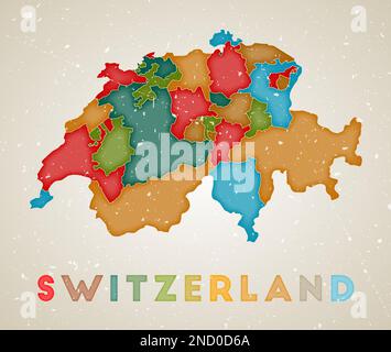Mappa della Svizzera. Poster del paese con aree colorate. Vecchio grunge texture. Illustrazione vettoriale della Svizzera con il nome del paese. Illustrazione Vettoriale