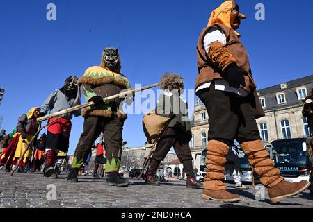 Stoccarda, Germania. 15th Feb, 2023. Gli stolti delle Gilde degli sciabici-alemannici vanno al nuovo castello per la stolto accoglienza di Stato del Governo di Stato. Credit: Bernd Weißbrod/dpa/Alamy Live News Foto Stock