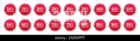 Raccolta di icone di tag di sconto cerchio percentuale. Set di etichette rosse di vendita Illustrazione Vettoriale
