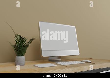 3D Monitor per computer, mouse wireless, tastiera mobile su sfondo marrone.3D illustrazione Foto Stock