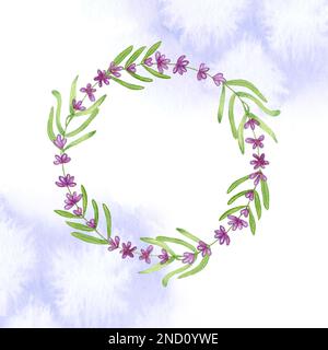Wreath di Lavanda di acquerello, cornice. Acquerello Illustrazione di primavera Lavanda Wreath. Modello vuoto per cartoline, inviti e messaggi di saluto. Foto Stock
