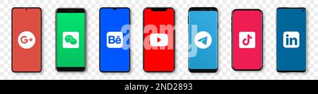 Set di realistiche simulazioni di smartphone con logo di social network Illustrazione Vettoriale