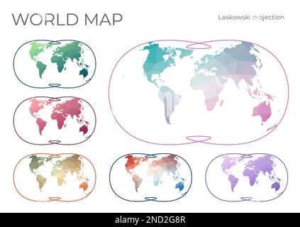 Mappa mondo Poly bassa impostata. Proiezione triottimale Laskowski. Collezione di mappe del mondo in stile geometrico. Illustrazione vettoriale. Illustrazione Vettoriale
