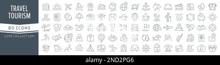 Collezione icone linea viaggi e turismo. Grande icona dell'interfaccia utente in un design piatto. Pacchetto di icone con contorno sottile. Illustrazione vettoriale EPS10 Illustrazione Vettoriale