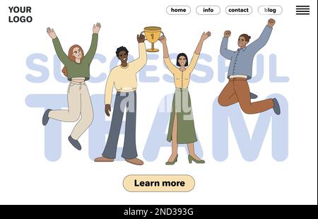Vittoria del lavoro di squadra. Gli uomini d'affari celebrano il successo. Buon team di dipendenti con coppa d'oro per festeggiare la vittoria. I personaggi sono in possesso di un banner web vettoriale piatto trofeo premio. Landing page dei lavoratori aziendali di successo. Illustrazione Vettoriale