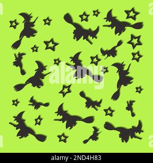Halloween con stelle e streghe volanti su sfondo verde Illustrazione Vettoriale