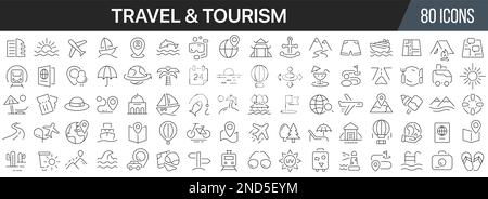 Collezione icone linea viaggi e turismo. Grande icona dell'interfaccia utente in un design piatto. Pacchetto di icone con contorno sottile. Illustrazione vettoriale EPS10 Illustrazione Vettoriale