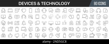 Raccolta di icone delle linee di dispositivi e tecnologia. Grande icona dell'interfaccia utente in un design piatto. Pacchetto di icone con contorno sottile. Illustrazione vettoriale EPS10 Illustrazione Vettoriale