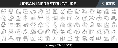 Collezione di icone delle linee delle infrastrutture urbane. Grande icona dell'interfaccia utente in un design piatto. Pacchetto di icone con contorno sottile. Illustrazione vettoriale EPS10 Illustrazione Vettoriale