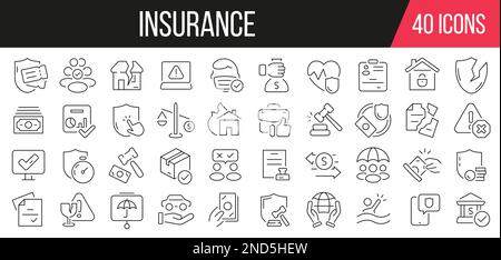 Collezione di icone della linea di assicurazione. Set di icone semplici. Illustrazione vettoriale Illustrazione Vettoriale