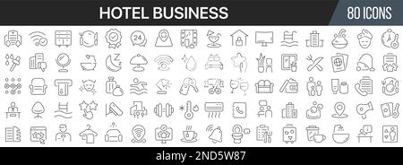 Hotel business line collezione icone. Grande icona dell'interfaccia utente in un design piatto. Pacchetto di icone con contorno sottile. Illustrazione vettoriale EPS10 Illustrazione Vettoriale