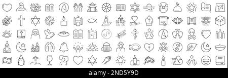 Set di icone di religione e di linea di fede. Collezione di icone lineari nere Illustrazione Vettoriale