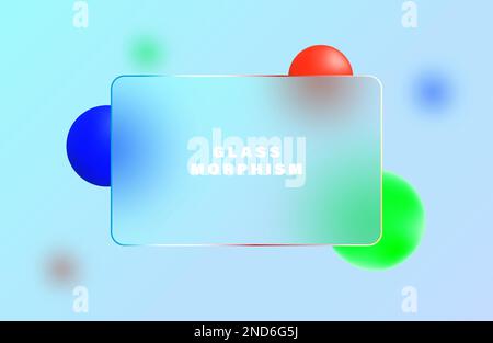 3d design creativo dello sfondo in vetrormorfismo. Rettangolo di vetro trasparente con sfere geometriche colorate. Illustrazione Vettoriale