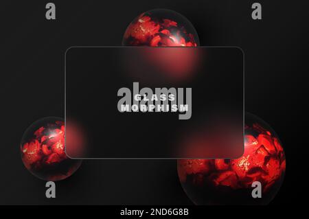 Sfera luminosa e nera astratta su vetro trasparente rettangolare con sfondo nero. Sfondo di morfismo in vetro scuro. Illustrazione Vettoriale