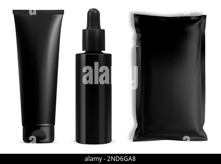 Mockup vettoriale bottiglia cosmetica nera. Pacchetto di bellezza con template per contagocce per siero, confezione per maschera facciale e tubo di crema per il design di etichette e logo. Foglio di sach Illustrazione Vettoriale