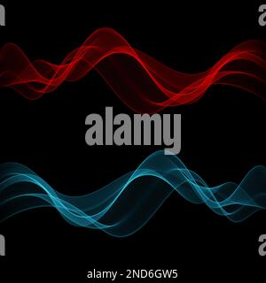 Sfondo nero con linee ondulate. Set di onde luminose. Sfondo astratto dell'onda. Illustrazione Vettoriale