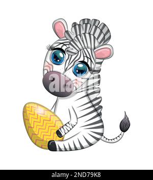 Zebra con uovo di Pasqua, fiori. Biglietto di auguri di Pasqua. Illustrazione Vettoriale