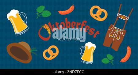 Banner vettoriale dell'oktoberfest con pretzel, tazze di birra ecc. Illustrazione Vettoriale