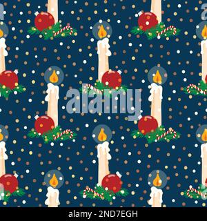 Vettore mano disegnata cartone animato senza cuciture modello di una candela bruciante e decorazione di Natale Illustrazione Vettoriale