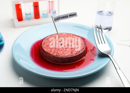 Carne coltivata macinata servita su un tavolo da laboratorio bianco Foto Stock