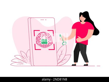 Un uomo si trova vicino allo smartphone, sullo schermo, con identificazione di sicurezza tramite impronte digitali. Illustrazione Vettoriale