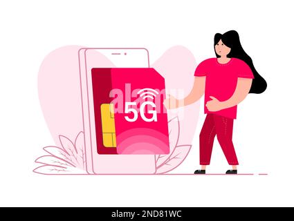 Una donna si trova vicino allo smartphone, sullo schermo 5G SIM Card. Tecnologia delle telecomunicazioni mobili. Illustrazione Vettoriale