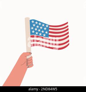 Bandiera degli Stati Uniti. La mano detiene la bandiera nazionale degli Stati Uniti d'America. Illustrazione del cartoon vettoriale. Illustrazione Vettoriale