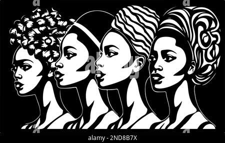 Bella e alla moda in bianco e nero linocut pop art o colorazione pagina di una donna afroamericana Illustrazione Vettoriale